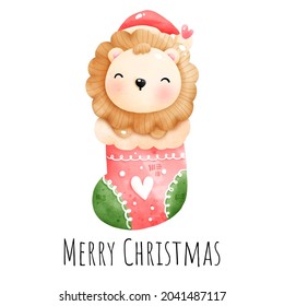 Digital painting watercolor Christmas baby lion in sock isolated on white background, Christmas element vector.