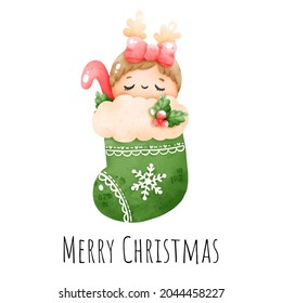 Digital painting watercolor Christmas baby in sock isolated on white background, Christmas element vector.