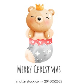 Digital painting watercolor Christmas baby bear in sock isolated on white background, Christmas element vector.