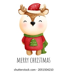 Digital painting watercolor Christmas banner with cute reindeer.