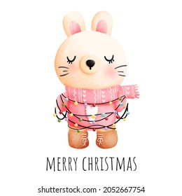 Digital painting watercolor Christmas banner with cute rabbit