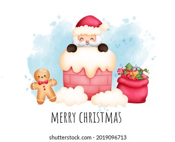 Digital painting watercolor Christmas card with cute Santa and Christmas Element