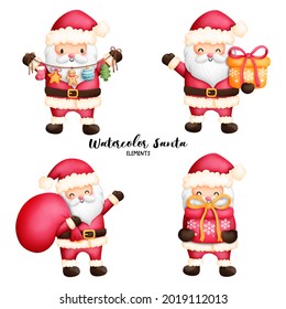 Digital painting watercolor Christmas card with cute Santa and Christmas Element