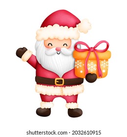 Digital painting watercolor Christmas card with cute Santa and Christmas Element isolated on white background