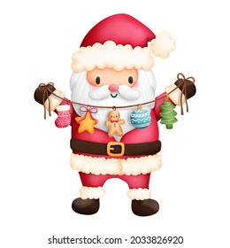 Digital painting watercolor Christmas card with cute Santa and Christmas Element isolated on white background