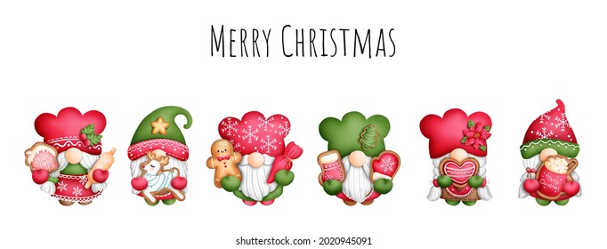 Digital Painting Watercolor Christmas Gnome Cookies Banner. 