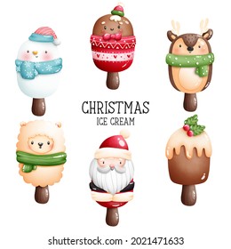 Digital painting watercolor Christmas ice cream with winter animal. 