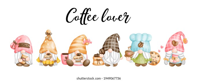 Digital painting watercolor coffee lover gnomes, greetings card. 