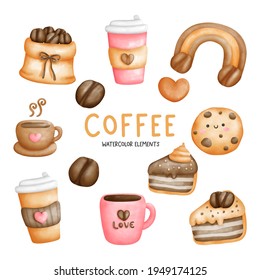 Digital painting watercolor coffee lover elements