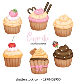 Digital painting watercolor cupcakes elements