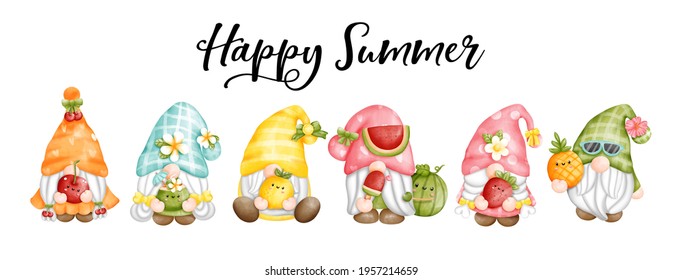 Digital painting watercolor fruit gnome gnomes, Happy Summer greetings card. 