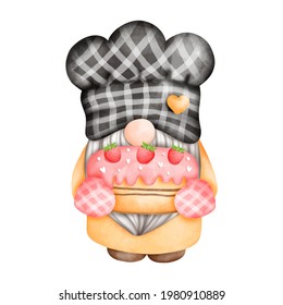 Digital painting watercolor gnome chef, Baker gnome in the kitchen. vector illustration