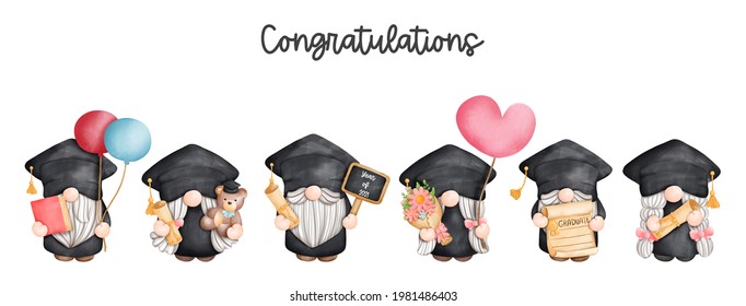 Digital painting watercolor graduation gnome, graduation banner, greetings card. 