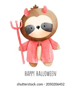 Digital painting watercolor Halloween evil sloth, Festive animal woodland.