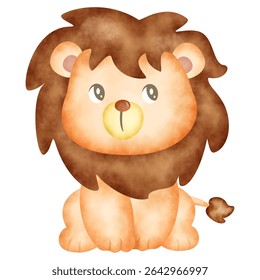 Digital painting, watercolor lion isolated on white background. Watercolor hand drawn happy lion king of the jungle. Little Safari Lion Sitting