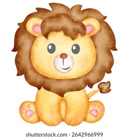 Digital painting, watercolor lion isolated on white background. Watercolor hand drawn happy lion king of the jungle. Little Safari Lion Sitting