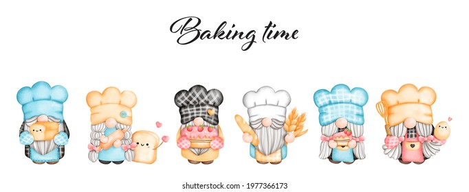 Digital painting watercolor Little Chef Gnome, Baker Gnome greetings card. Cooking Gnome