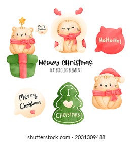 Digital painting watercolor meowy Christmas element. Christmas cat vector.