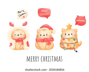 Digital painting watercolor meowy Christmas card. Christmas cat vector.