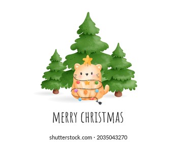 Digital painting watercolor meowy Christmas card. Christmas cat vector.