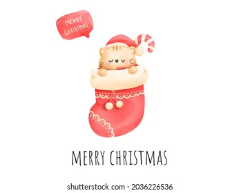 Digital painting watercolor meowy Christmas card. Christmas cat vector.