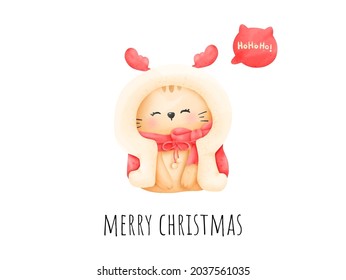 Digital painting watercolor meowy Christmas card. Christmas cat vector.