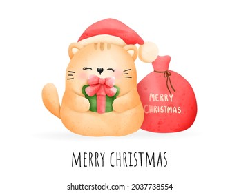 Digital painting watercolor meowy Christmas card. Christmas cat vector.