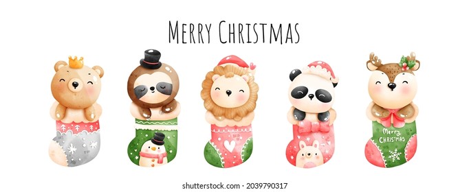 Digital painting watercolor Merry Christmas banner, Christmas animal vector. 