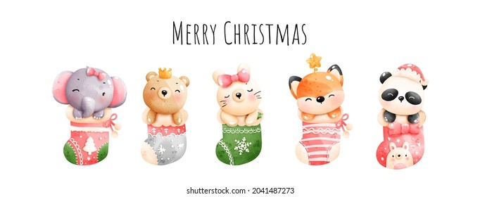 Digital painting watercolor Merry Christmas banner, Christmas animal vector. 