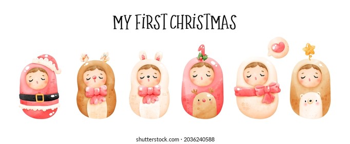 Digital painting watercolor My first Christmas banner, Christmas baby vector. 