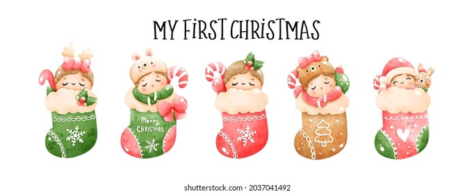 Digital painting watercolor My first Christmas banner, Christmas baby vector. 