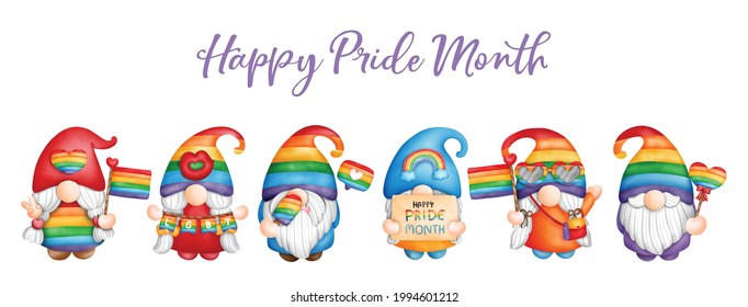 Digital painting watercolor pride month nome, greetings card. Lgbt gnome.