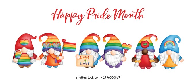 Digital painting watercolor pride month gnome, greetings card. Lgbt gnome.