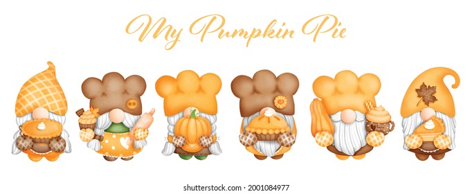 Digital Painting Watercolor Pumpkin Pie Gnome Banner. Vector Illustration