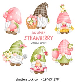 Digital painting watercolor strawberry gnome element. 