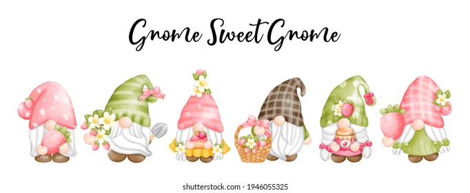 Digital painting watercolor Strawberry gnomes, hello spring greetings card. Gnome Sweet Gnome