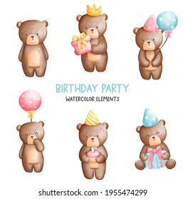 Digital painting watercolor teddy bear birthday elements