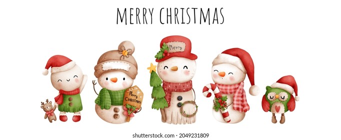 Digital Painting Watercolor Vintage Snowman. Merry Christmas, Vector Illustration