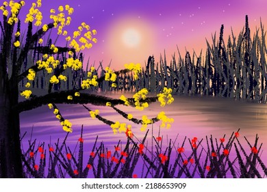 Digital painting wild flower at swamp