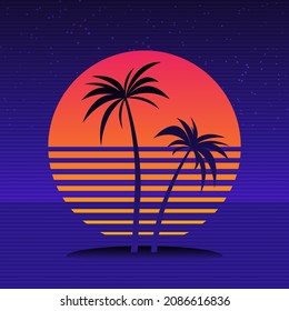 Digital palm tree on a cyber ocean in the computer world. Retro futuristic background 1980s style. Palm trees on the background of sunset. Vector illustration