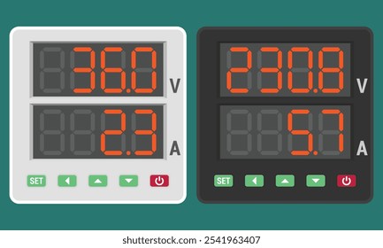 Medidor de voltaje y amperios de montaje en panel digital. Conjunto de dispositivos multímetros para ilustraciones eléctricas