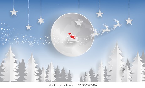 Digital paper cut style, Merry Christmas and Happy New Year, Santa Clause and reindeer flying over the moon in the Christmas night with hanging star, Vector illustration, Digital craft, Paper art.