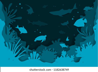 fondo de fondo submarino de papel digital cortado con fondo submarino con peces y arrecifes de coral ilustración vectorial textura