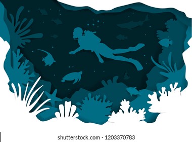 digital paper cut style underwater deep sea background with scuba diver fishes and coral reefs vector illustration texture