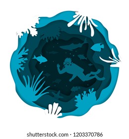 digital paper cut style underwater deep sea round circle wavy layered effect background with scuba diver fishes and coral reefs vector illustration 