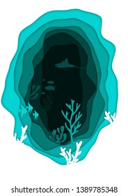 digital paper cut style underwater deep sea background with fishes and coral reefs vector illustration texture - Vector