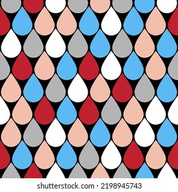 Papel digital con lluvia de gota de agua plana, fondo azul rojo blanco para textil, decoración y raspillera