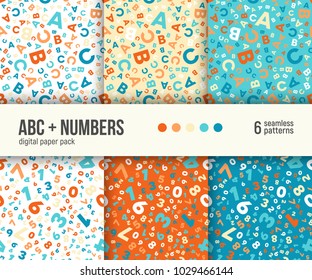 Digital paper pack, set of 6 abstract seamless patterns. Abstract geometric backgrounds. Vector illustration. ABC and math background for kids education.