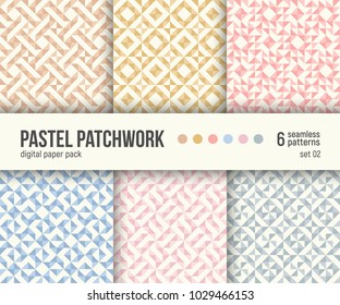 Digital paper pack, set of 6 abstract seamless patterns. Abstract geometric backgrounds. Vector illustration. Pastel patchwork textures.