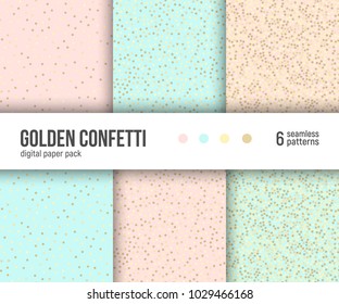 Digital paper pack, set of 6 abstract seamless patterns. Abstract geometric backgrounds. Vector illustration. Pastel blush pink, mint and gold colors. Golden confetti pattern.